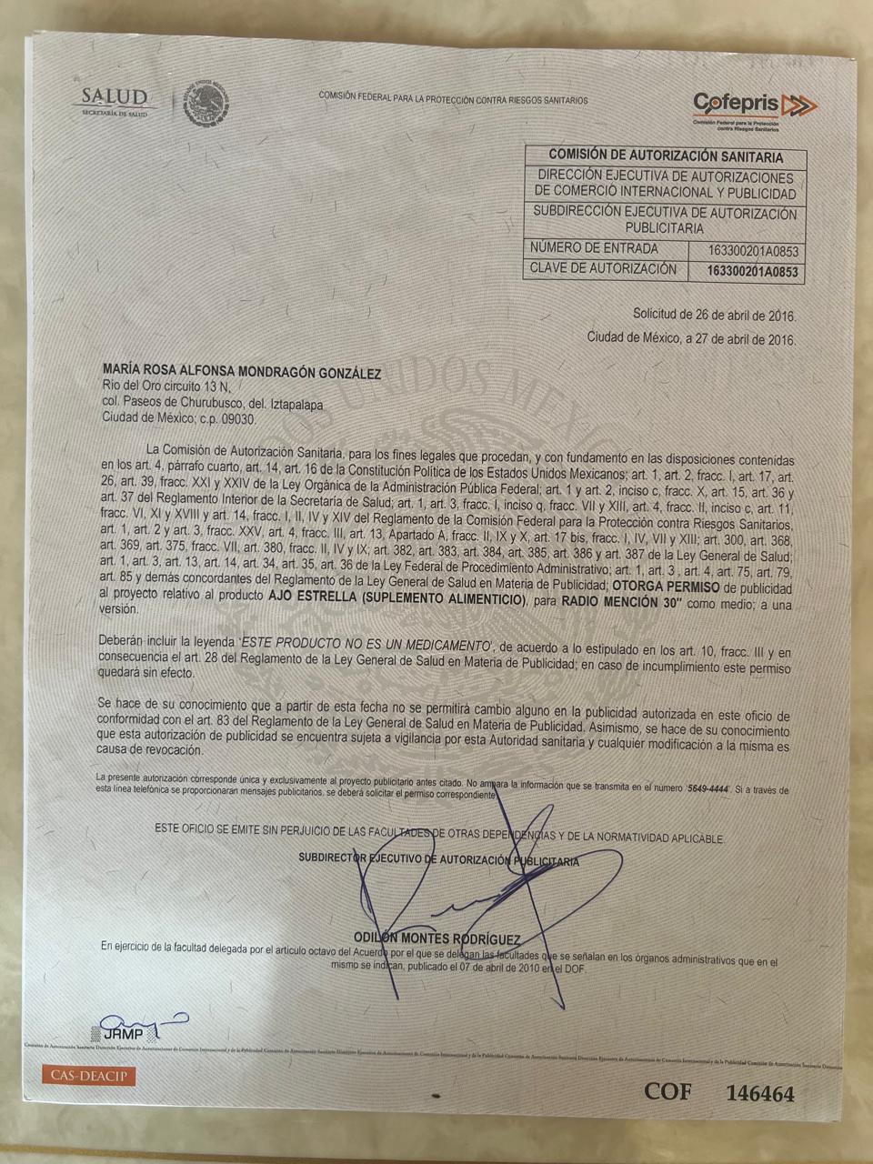 Certificado COFEPRIS 1